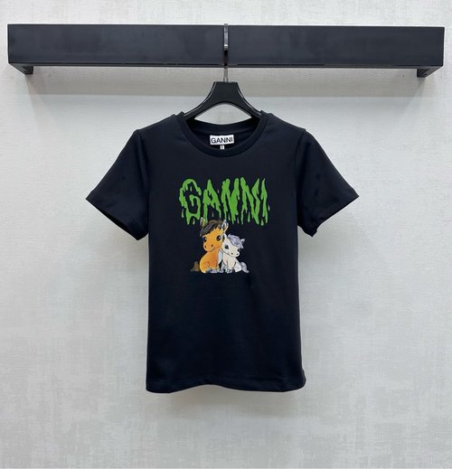 Ganni Custom-Made Cotton T-Shirt with Printed Logo and Horse Motif
