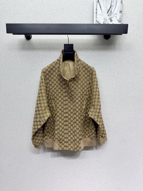 Gucci Khaki Jacquard Casual Coat for Sophistication