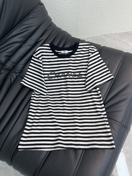 Chanel Contrast Collar and Striped Print Cotton Short-Sleeve T-Shirt