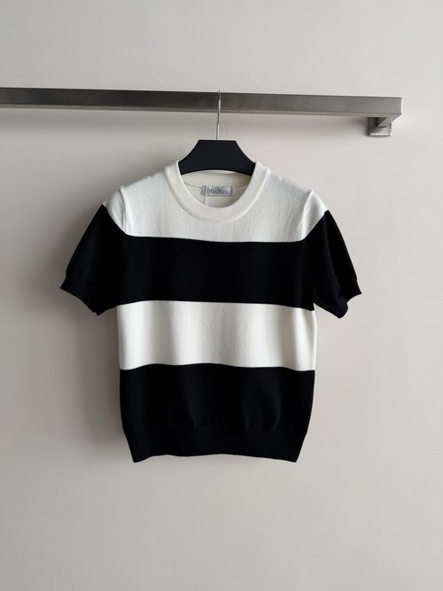 Max Mara New Knit Short Sleeve with Wide Color Blocked Stripes, Simple