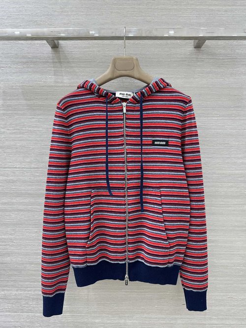 Miu Miu Luxurious Striped Logo Hooded Cardigan in Soft Wool