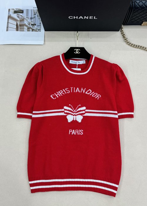 Chanel Knit Round Neck Short Sleeve with DIOR Embroidery for Sophisticated Wear