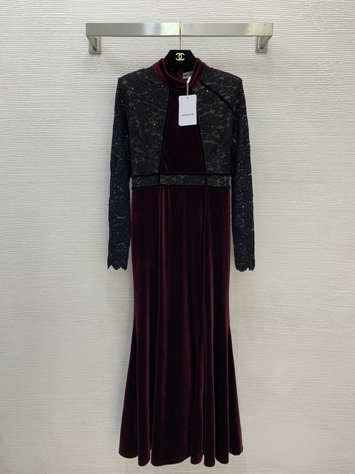 Prada High-end Customized Velvet and Lace Dress with Sequins