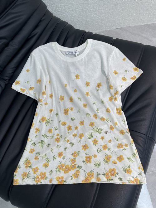 Dior Yellow Flower and Leaf Print Cotton Short-Sleeve T-Shirt