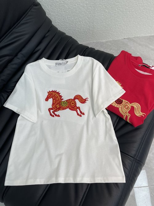 Dior Red Running Horse Embroidery Chinese Flavor T-Shirt