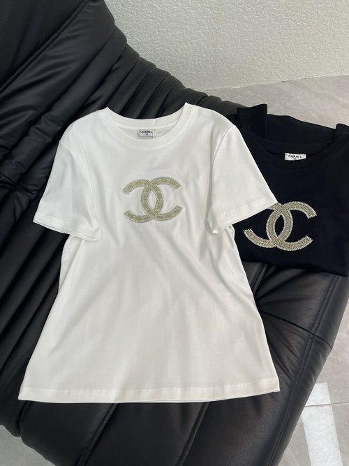 Chanel Summer Short-Sleeved T-Shirt with Double C Logo and Rhinestones