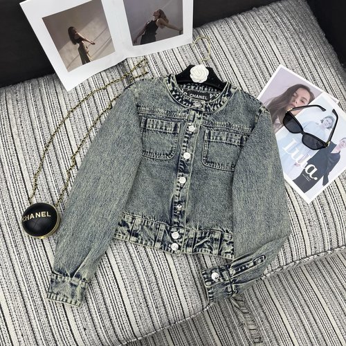 Chanel Vintage-Washed Denim Jacket with Floral Lining