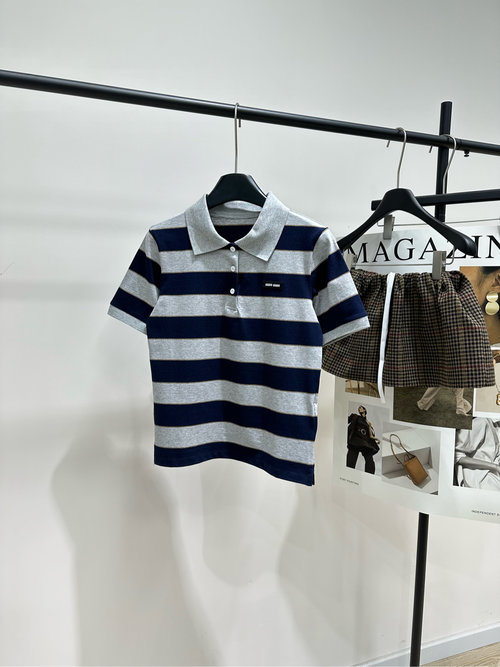 Miu Miu Classic Blue-Gray Striped Polo Shirt for Casual