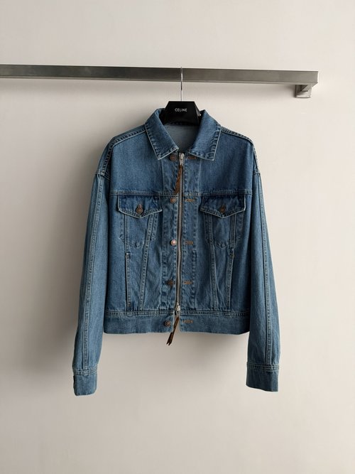 Celine Denim Jacket with Vintage Texture and Double - Zipper Design