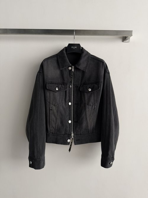 Celine Denim Jacket with Vintage Texture and Double - Zipper Design