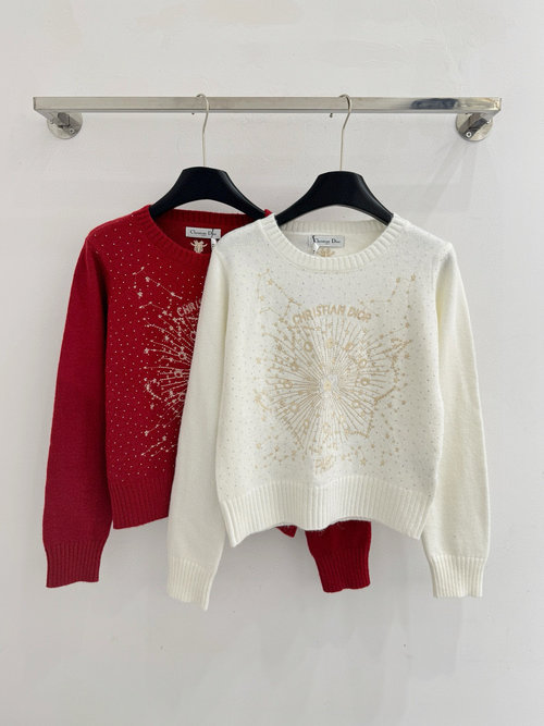 Dior Glittering Sequin Top with Embroidered Pattern in Red and White