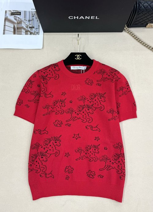 Dior Classic Knit Round Neck Short Sleeve with Black Line Print