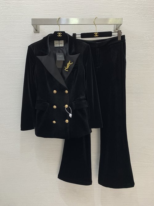 Yves Saint Laurent Velvet Two-Piece Set with Gold Double Buttons and Flare Trousers