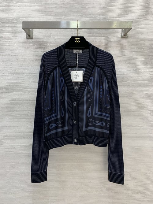 Hermes High-end Printed V-neck Long Sleeve Short Cardigan