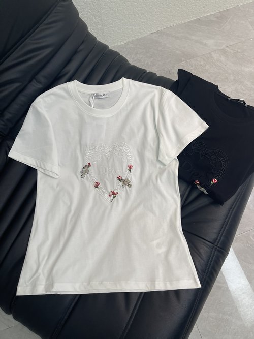 Dior Heart and Flower Embroidery Silk-Cotton Short-Sleeve T-Shirt