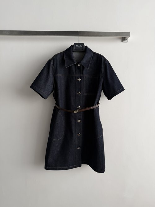 Prada Classic Workwear Denim Shirt Dress with Metal Button Belt