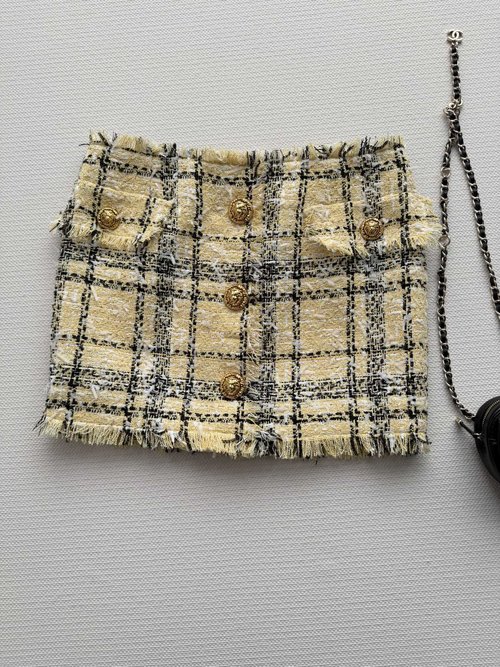 Balmain Black and Gold Scottish Plaid Tweed Skirt with Gold Buttons