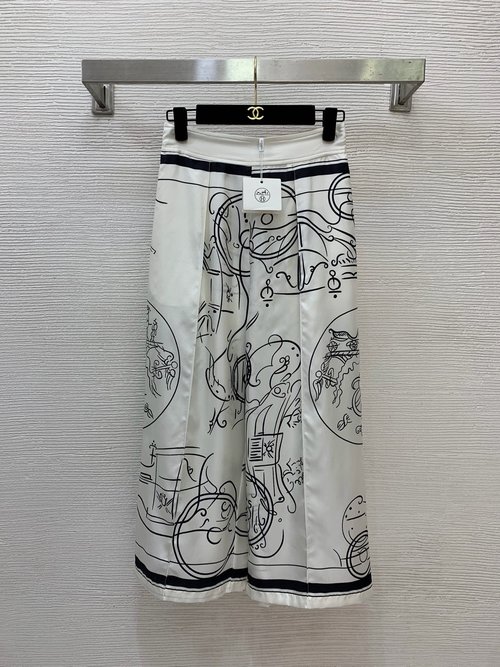 Hermes Geometric Retro Print Silk Wide-Leg Cropped Pants