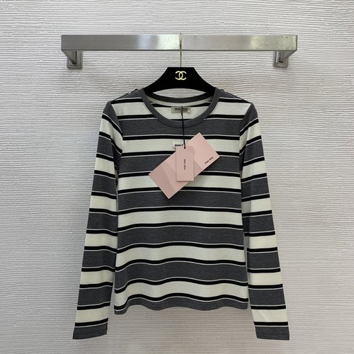 Miu Miu Letter Logo Decorated Striped Long-Sleeve T-Shirt