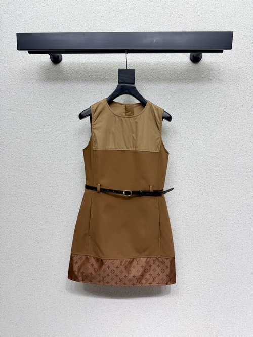 Louis Vuitton Khaki Color-blocked Sleeveless Dress with Belt