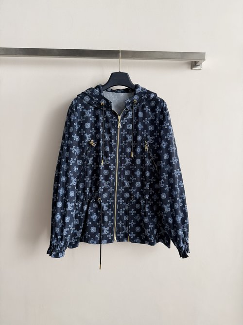 Louis Vuitton Drawstring Hooded Jacket with Floral Letters, Lightweight Nylon