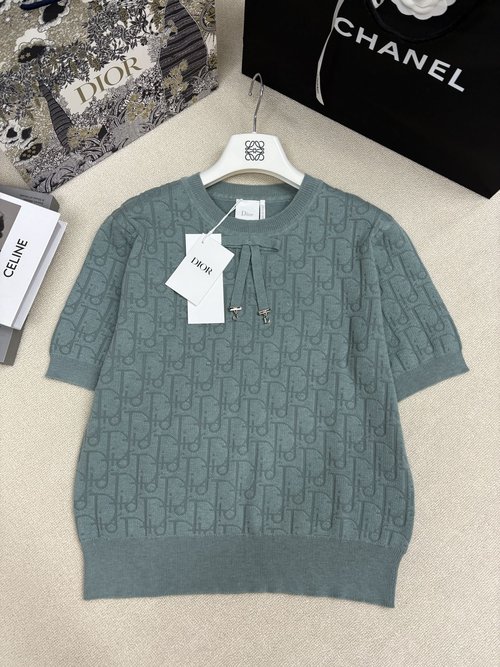 Dior Sophisticated Knit Round Neck Tee with Logo & Bowknot Embellishment
