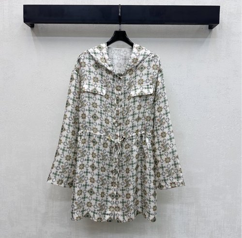 Louis Vuitton Silk Printed Hooded Shirt Dress with Button Placket and Drawstring
