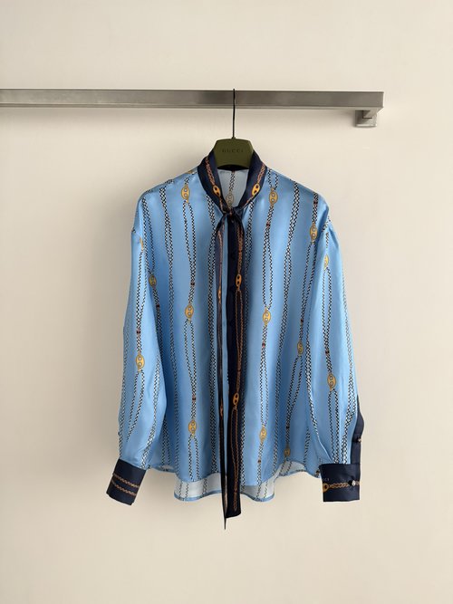 Gucci Silky Gold Chain Print Floating Collar Shirt