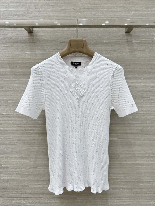 Chanel Perfect for Layering Embroidered Knit Short-Sleeve Top