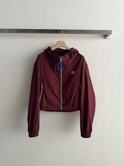 Miu Miu Wine Red Hooded Windbreaker with Nylon and Chest Logo