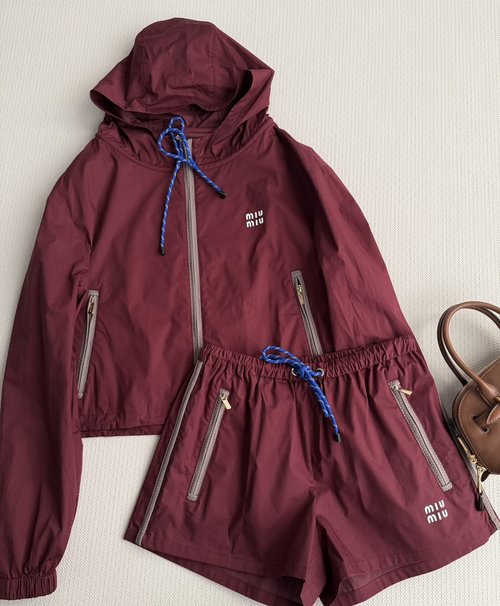 Miu Miu Wine Red Drawstring Shorts with Nylon and Letter Emblem