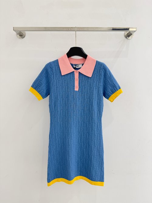 Fendi Double F Jacquard Wrap Knit Dress with Contrast Collar