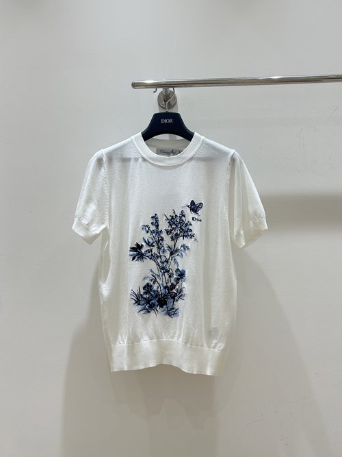Dior Knit Round Neck Short-Sleeve with Blue Floral Embroidery