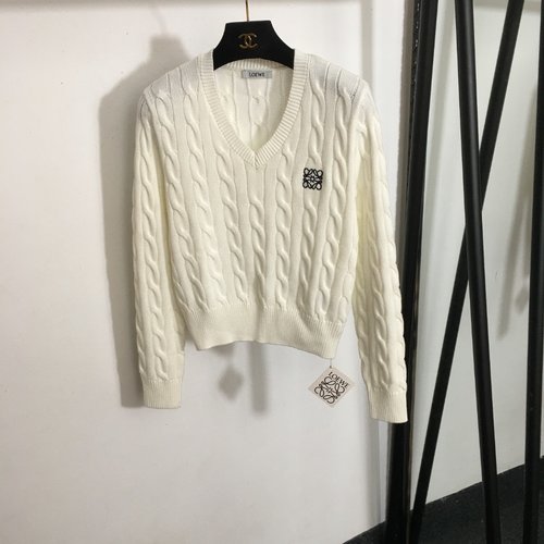 Loewe V-Neck Long Sleeve Sweater with Chest Logo Embroidery, Three Color Options