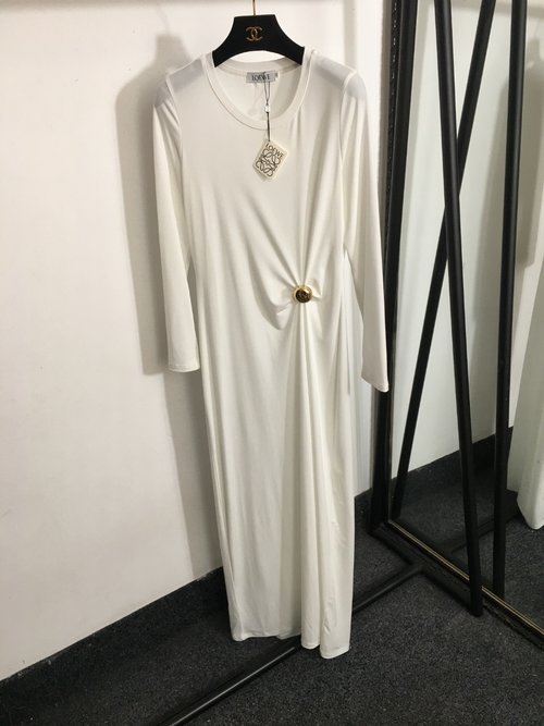 Loewe Wrinkled Waist-Slimming Long-Sleeve Dress with Metal Accents