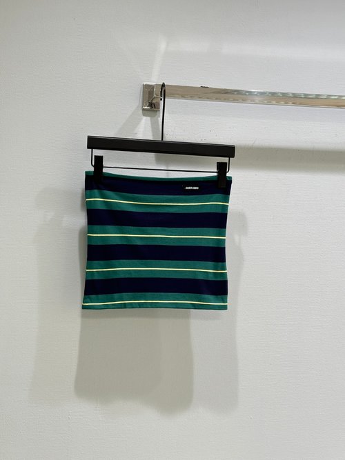 Miu Miu Stripe Color-Blocked Logo Crop Top, Plain Cotton with Embroidered Logo