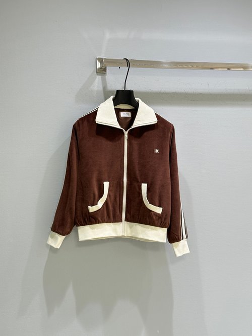 Celine Embroidered Logo Zip Jacket and Pants Set with Striped Trim, Regular Fit