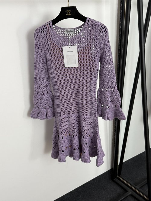 Chanel Hollow Knit Flared Long-Sleeved Dress with Lining
