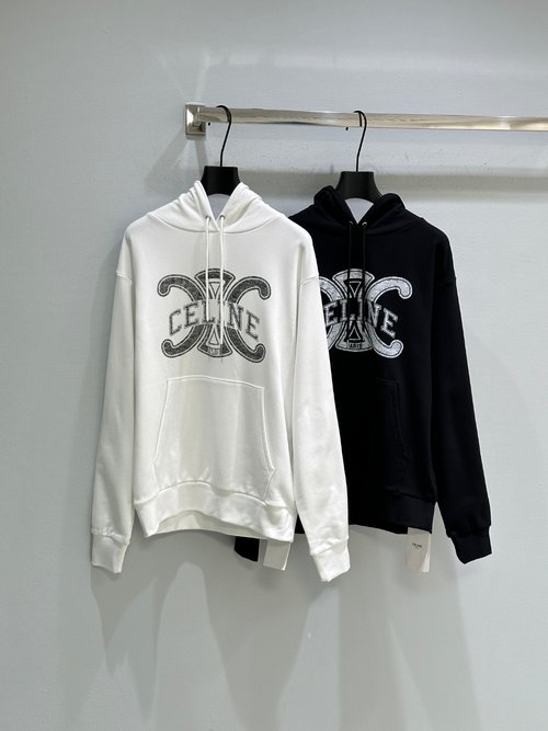 Celine Soft Cotton Knit Hoodie with Brand Logo Print and Adjustable Drawstring