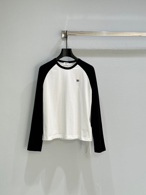 Celine White and Black Color-Blocked Long-Sleeve Shirt