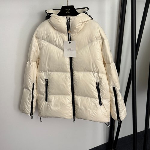 Moncler Logo Printed Hooded Down Jacket in Beige and Black