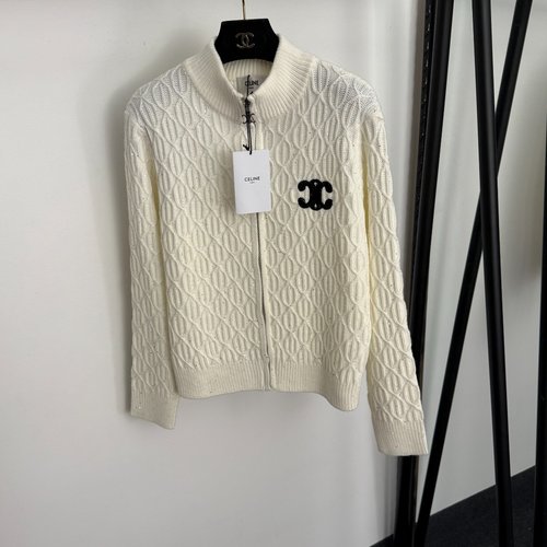 Celine Embroidered Logo Sequin Long-Sleeved Knit Zip-Front Cardigan