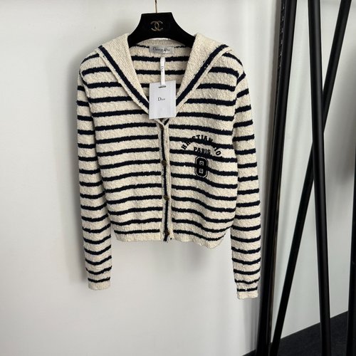 Dior CD Bee Button Navy - Collar Striped Knit Cardigan