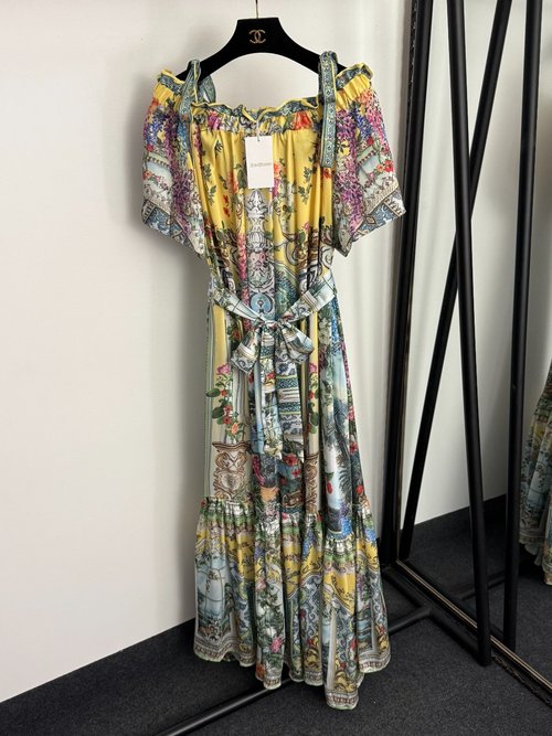 Zimmermann Colorful Window Flower Print Tie-Waist Off-Shoulder Dress