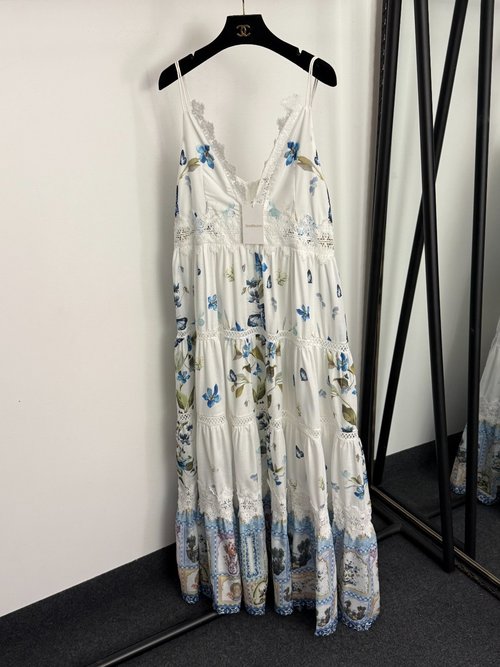 Zimmermann Butterfly Flower Print Lace-Trimmed Strappy Dress in White