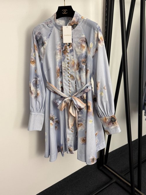 Zimmermann Floral Print Tie-Waist Lantern-Sleeved Short Dress in Blue