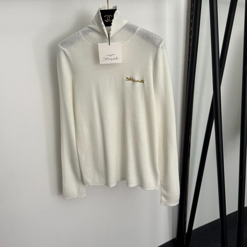 Schiaparelli Gold Thread Logo Embroidered High-Neck Long Sleeve Knit Top
