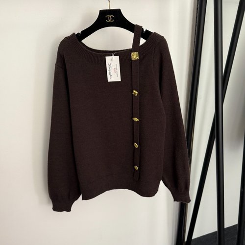 Schiaparelli Asymmetrical Gold Button Single-Shoulder Sling Long-Sleeve Pullover Knitwear