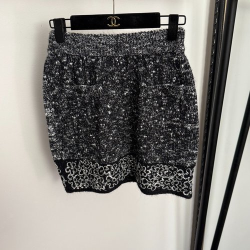 Chanel Black Flower-Embroidered Knit Mini Skirt