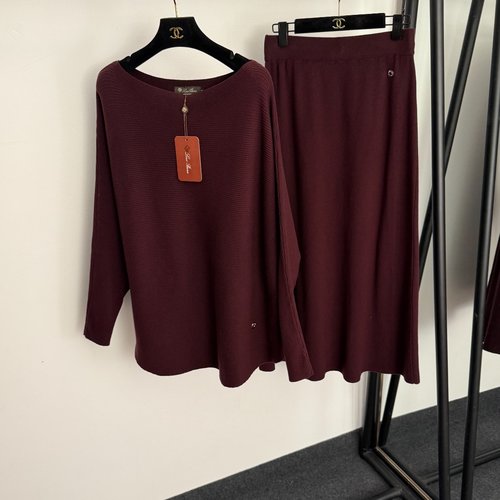 Loro Piana Knit Set with One-Shoulder Batwing Top and High-Waist Skirt